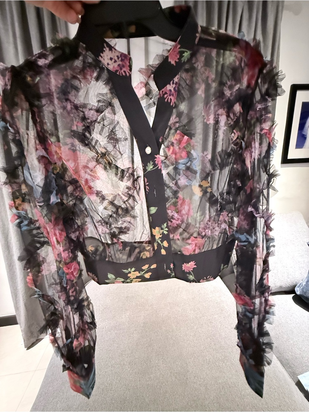 SHEIN Black Sheer Floral Ruffle Cropped Blouse with Pink and Blue Accents - Picture 3 of 5
